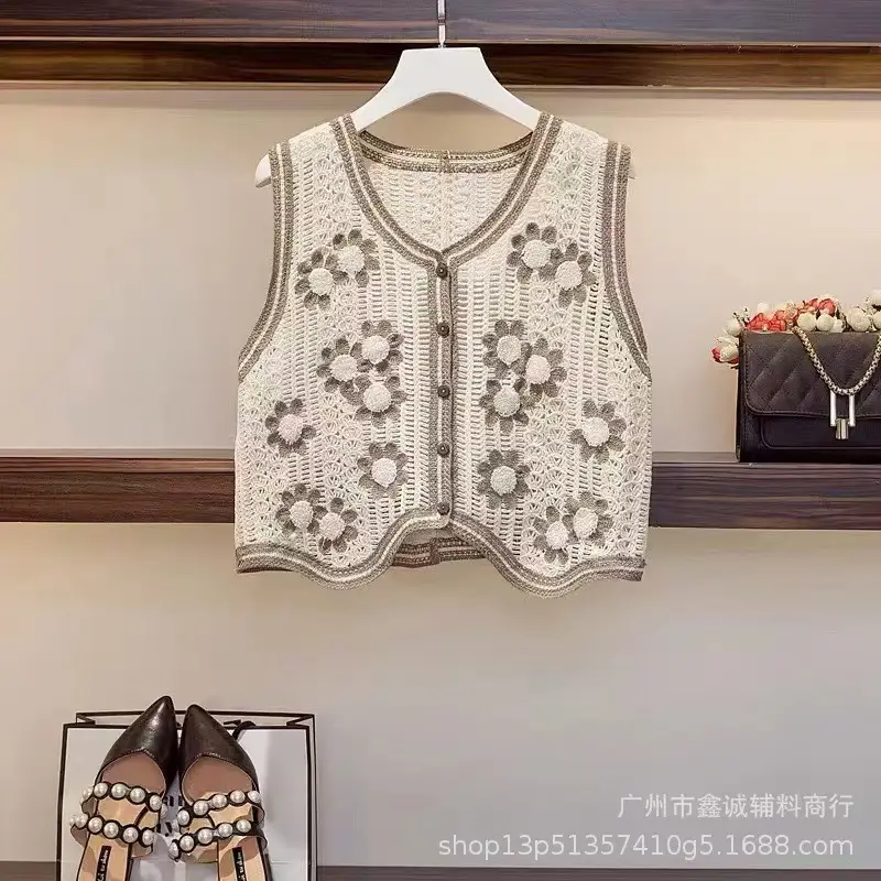 Women Crochet V-Neck Vest with Floral Embroidery