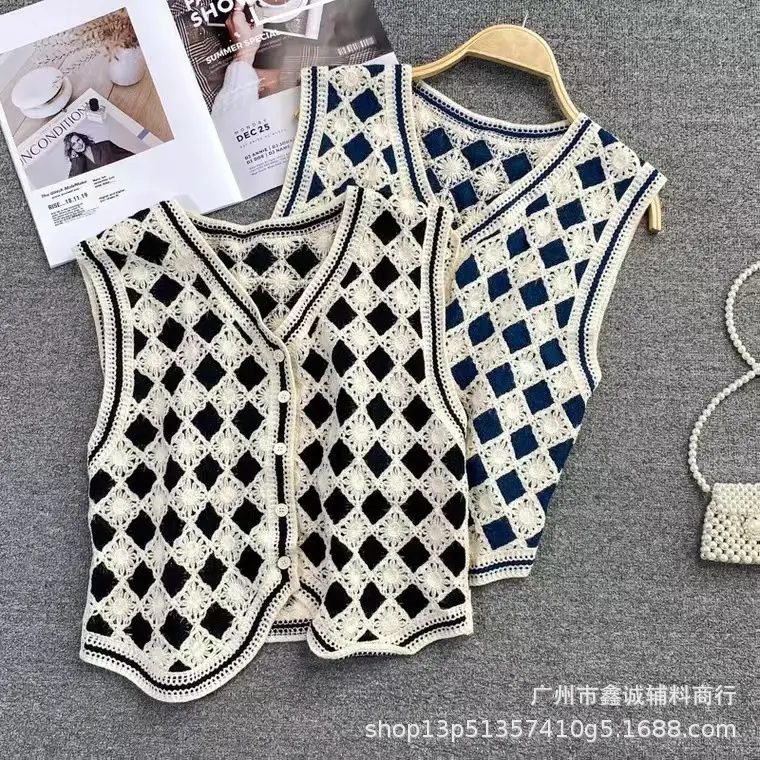 Women Crochet V-Neck Vest with Floral Embroidery