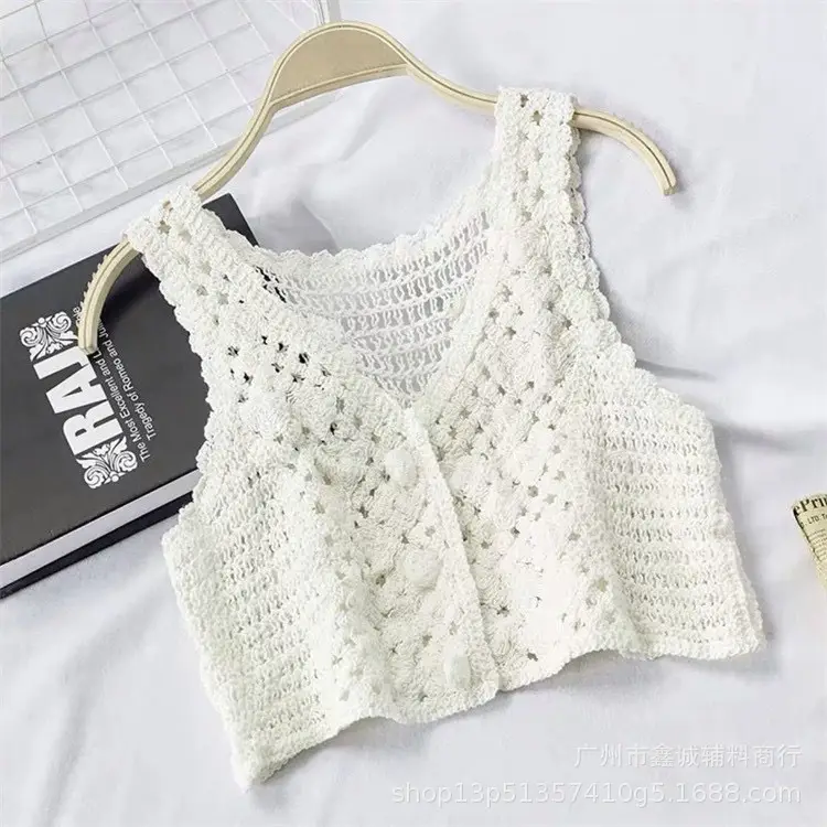 Women Crochet V-Neck Vest with Floral Embroidery