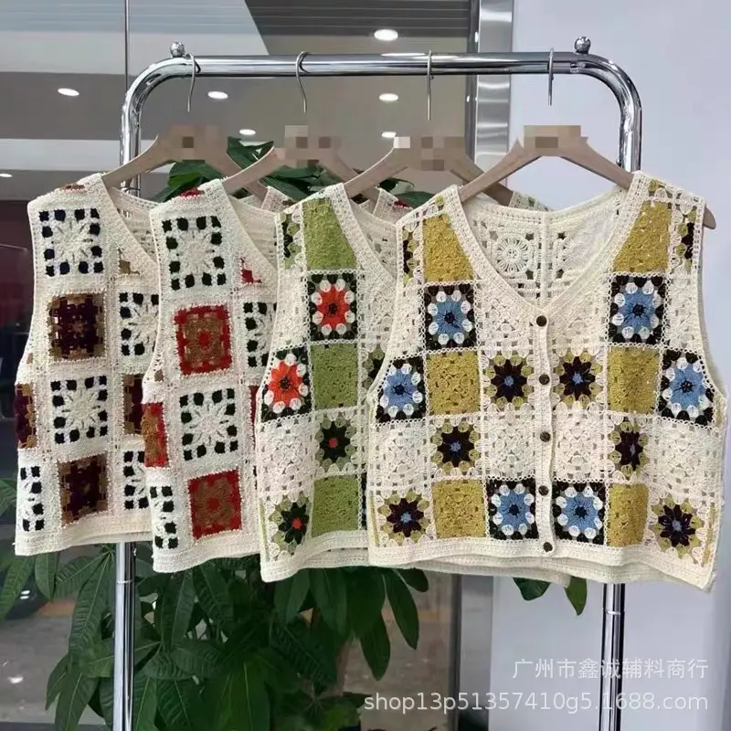 Women Crochet V-Neck Vest with Floral Embroidery