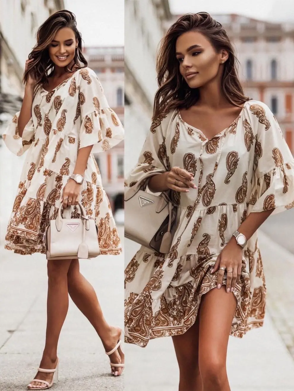 Women's Printed V-Neck Dress Brown Beige Loose Fit — feature 10