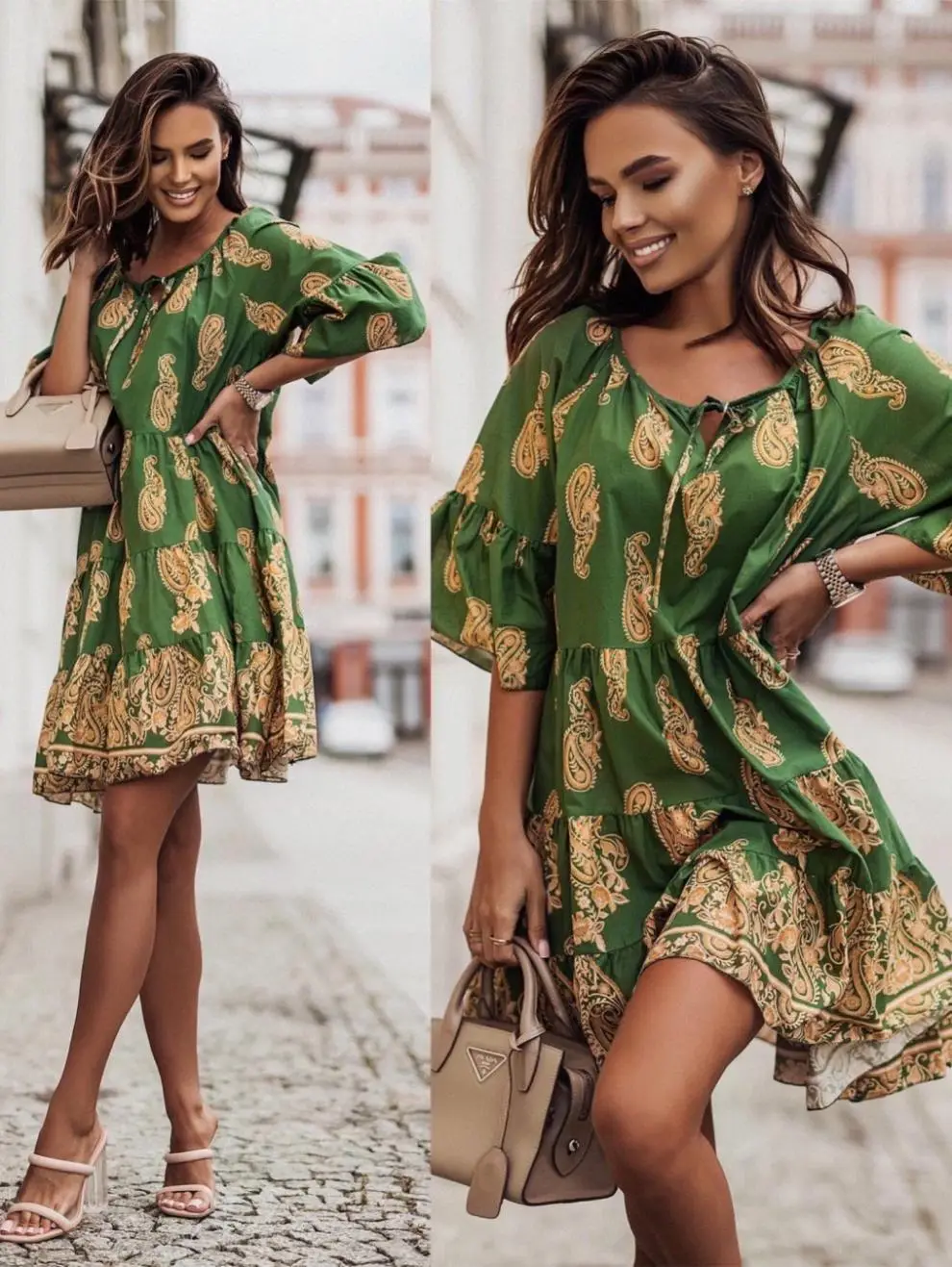 Women's Printed V-Neck Dress Brown Beige Loose Fit — feature 6
