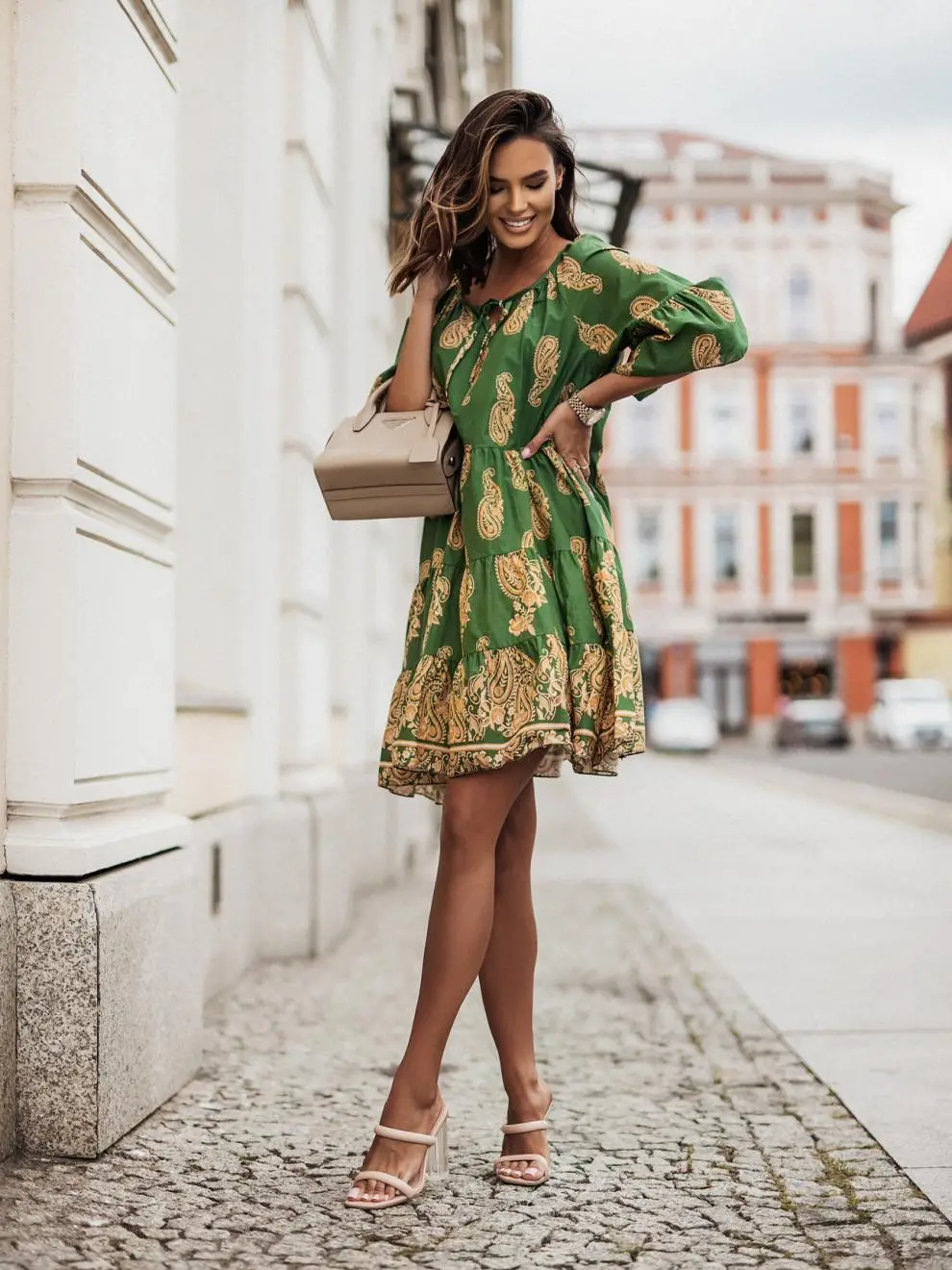 Women's Printed V-Neck Dress Brown Beige Loose Fit — feature 7