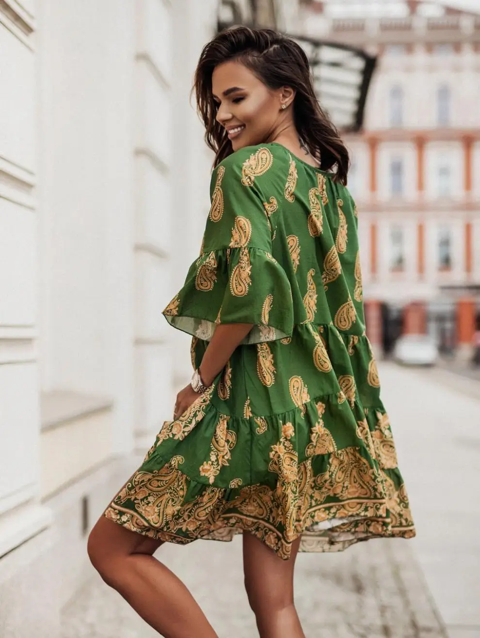 Women's Printed V-Neck Dress Brown Beige Loose Fit — feature 8