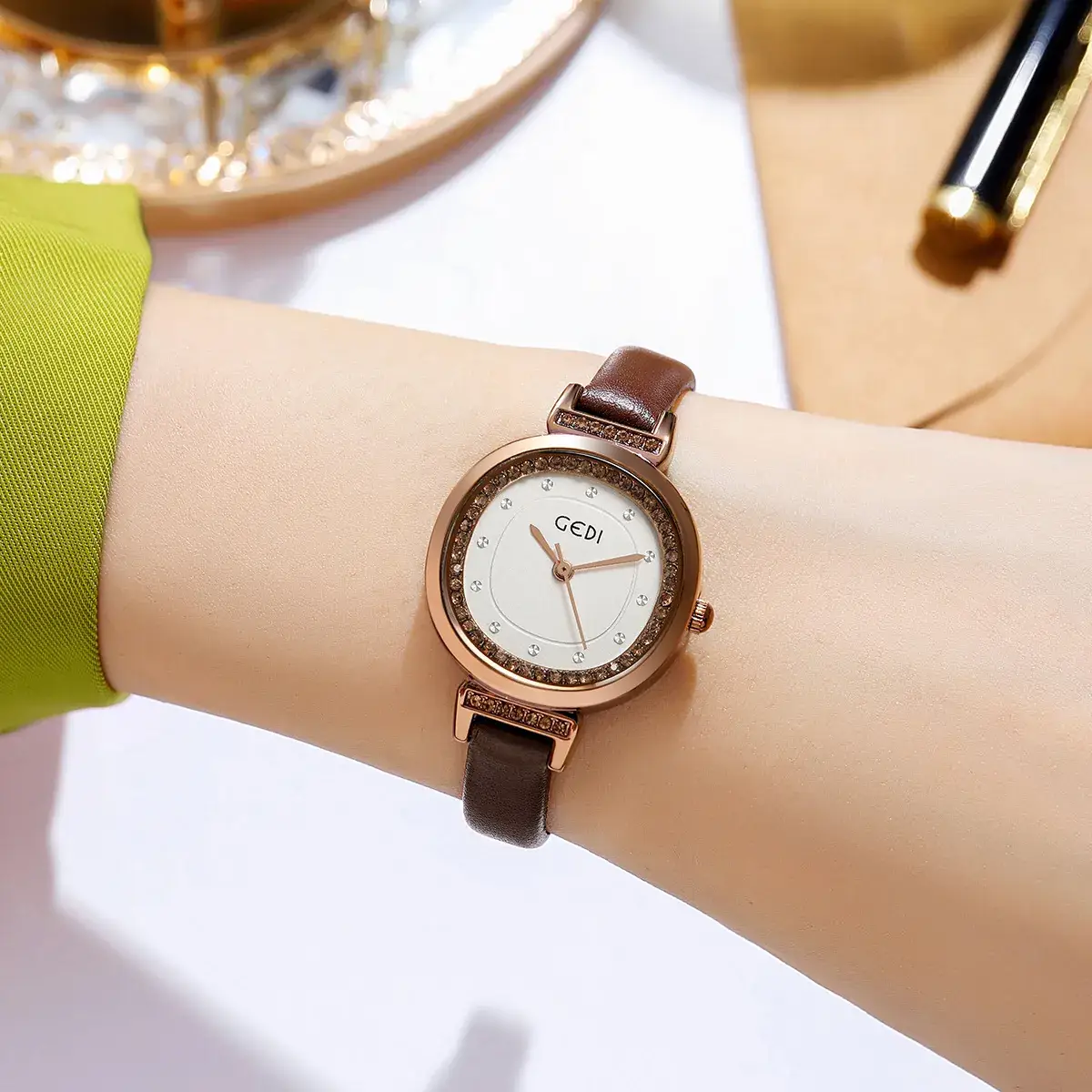 Goldie Niche Women's Gold Leather Watch with Quartz Movement