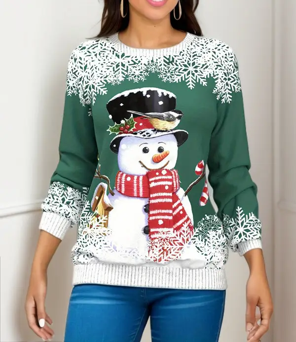 Women 2023 Christmas Snowman Sweatshirt Blue - Image 6