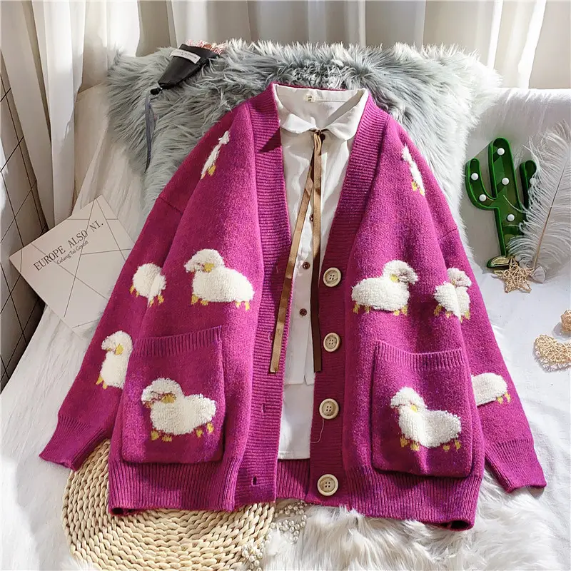 Women Blue Knitted Sheep Embroidered Cardigan Winter Coat - Image 5