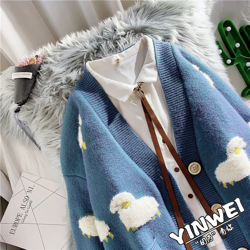 Women Blue Knitted Sheep Embroidered Cardigan Winter Coat - Image 6