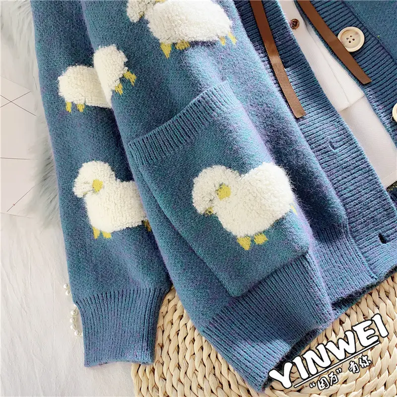 Women Blue Knitted Sheep Embroidered Cardigan Winter Coat - Image 7