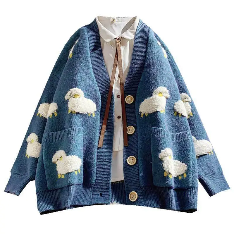 Women Blue Knitted Sheep Embroidered Cardigan Winter Coat - Image 8