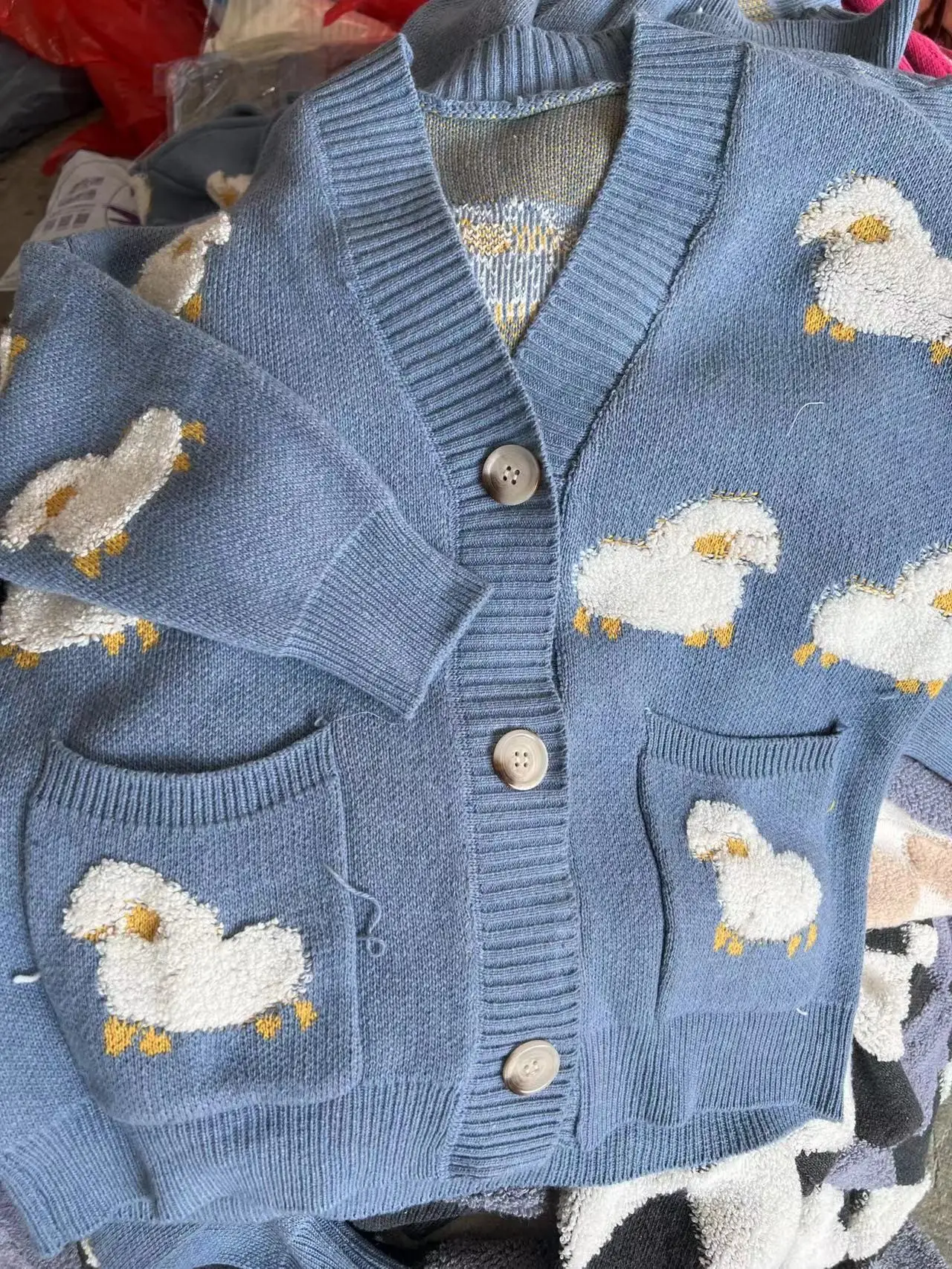 Women Blue Knitted Sheep Embroidered Cardigan Winter Coat - Image 2