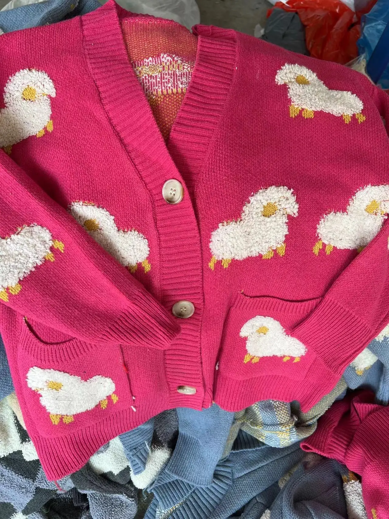 Women Blue Knitted Sheep Embroidered Cardigan Winter Coat - Image 3