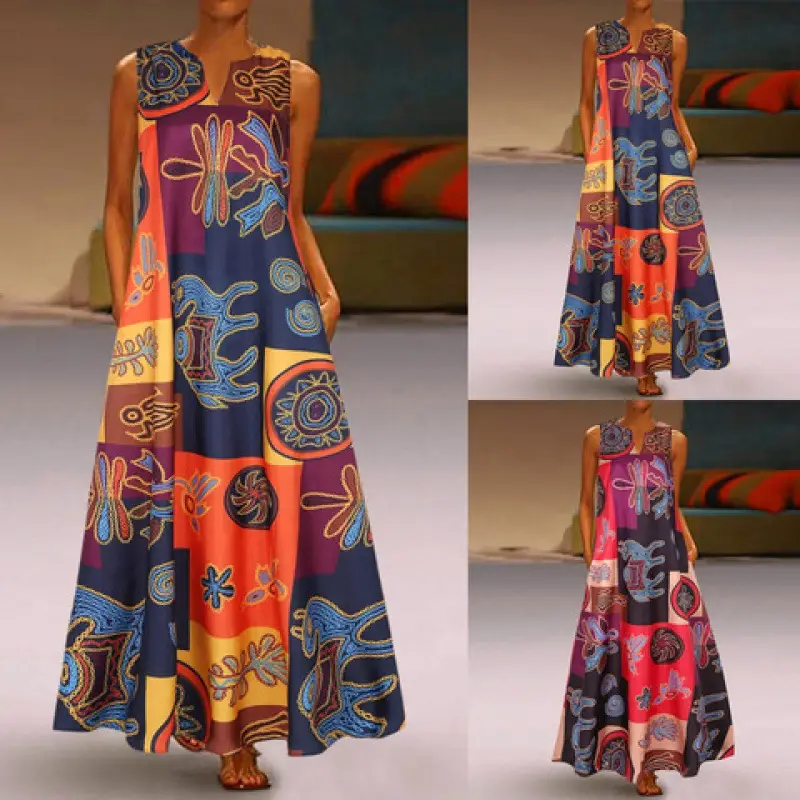 Vintage Printed V-Neck Sleeveless Dress for Women - Image 3