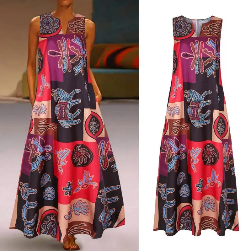 Vintage Printed V-Neck Sleeveless Dress for Women - Image 2