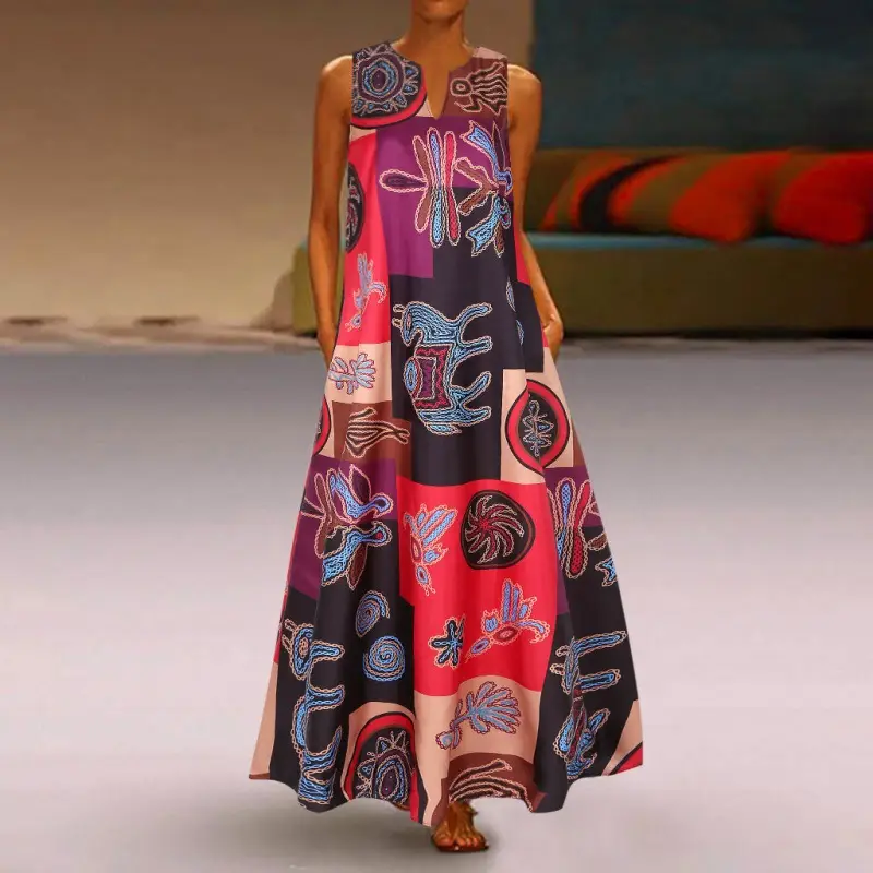 Vintage Printed V-Neck Sleeveless Dress for Women - Image 4