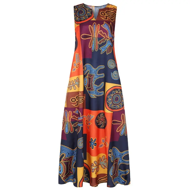 Vintage Printed V-Neck Sleeveless Dress for Women - Image 5