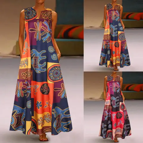 Vintage Printed V-Neck Sleeveless Dress for Women — feature 2