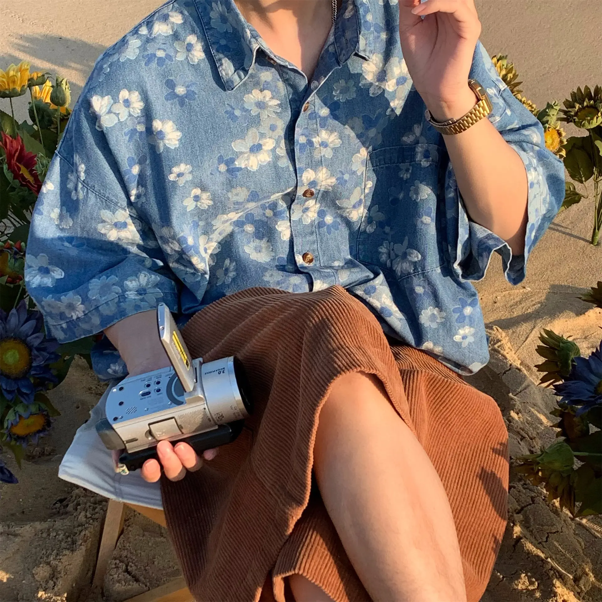 2024 Summer Denim Flower Print Beach Shirt