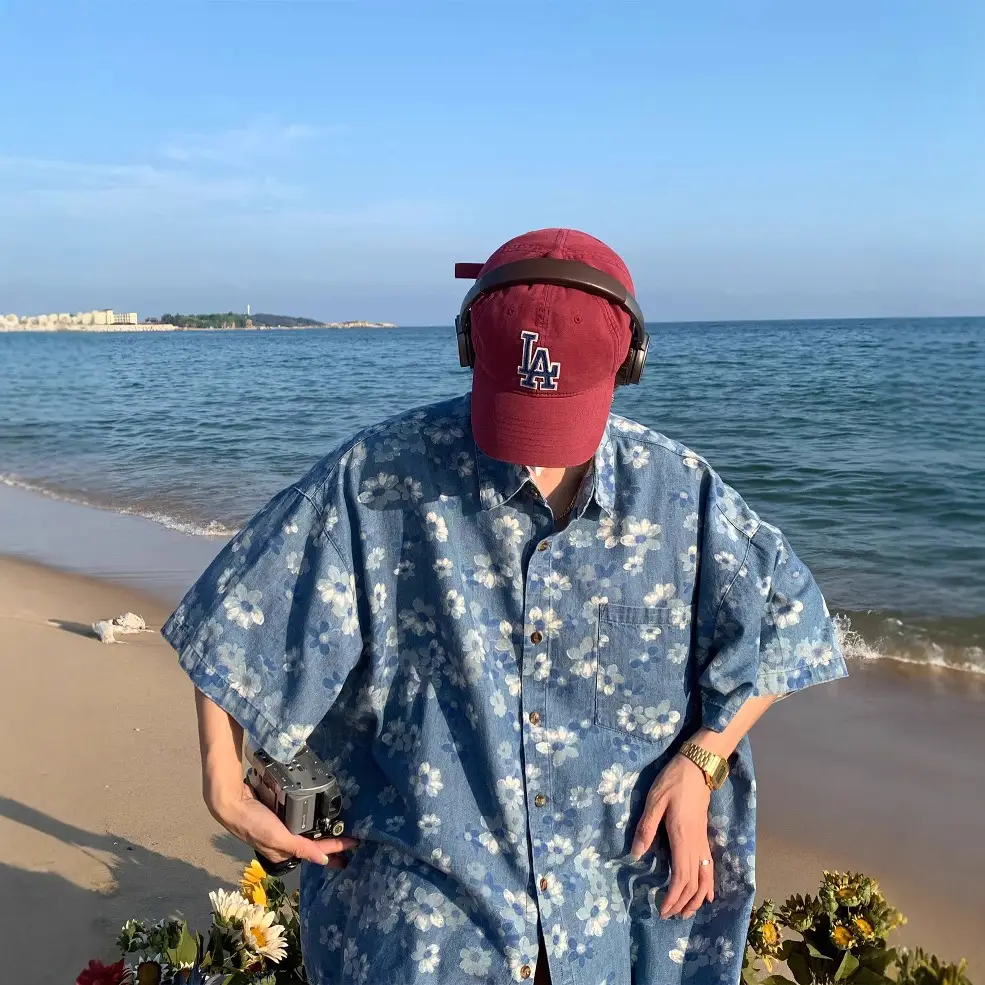2024 Summer Denim Flower Print Beach Shirt
