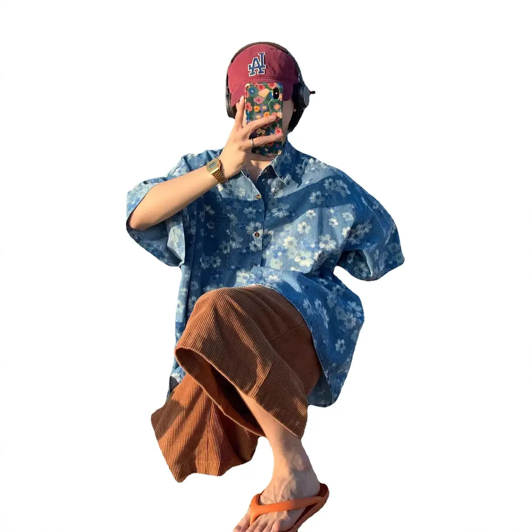 2024 Summer Denim Flower Print Beach Shirt