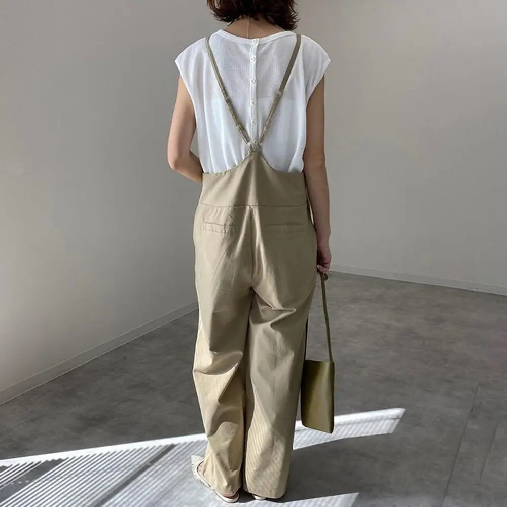 Women Strap Pants Set Solid Beige 2022 Spring Summer - Image 3