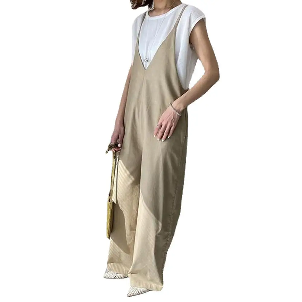 Women Strap Pants Set Solid Beige 2022 Spring Summer - Image 6