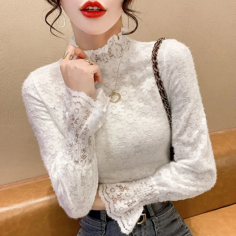 Women's White Lace Half-Turtleneck Velvet Shirt Winter - Image 6