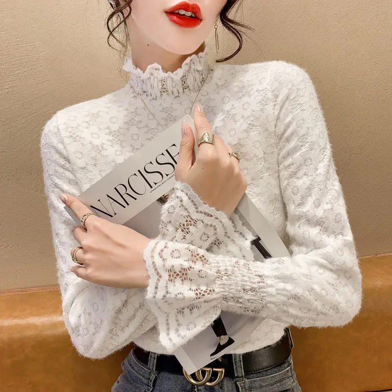 Women's White Lace Half-Turtleneck Velvet Shirt Winter - Image 7
