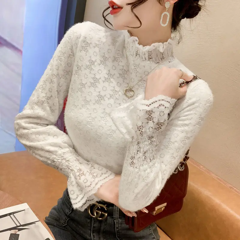 Women's White Lace Half-Turtleneck Velvet Shirt Winter - Image 8