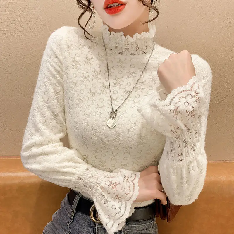 Women's White Lace Half-Turtleneck Velvet Shirt Winter - Image 9