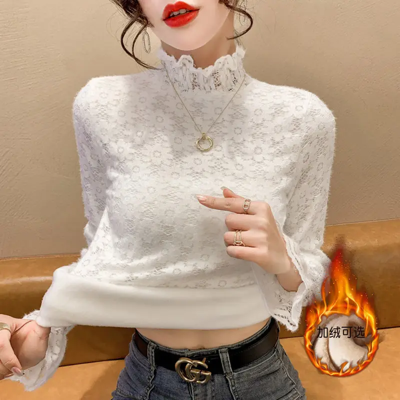 Women's White Lace Half-Turtleneck Velvet Shirt Winter - Image 3