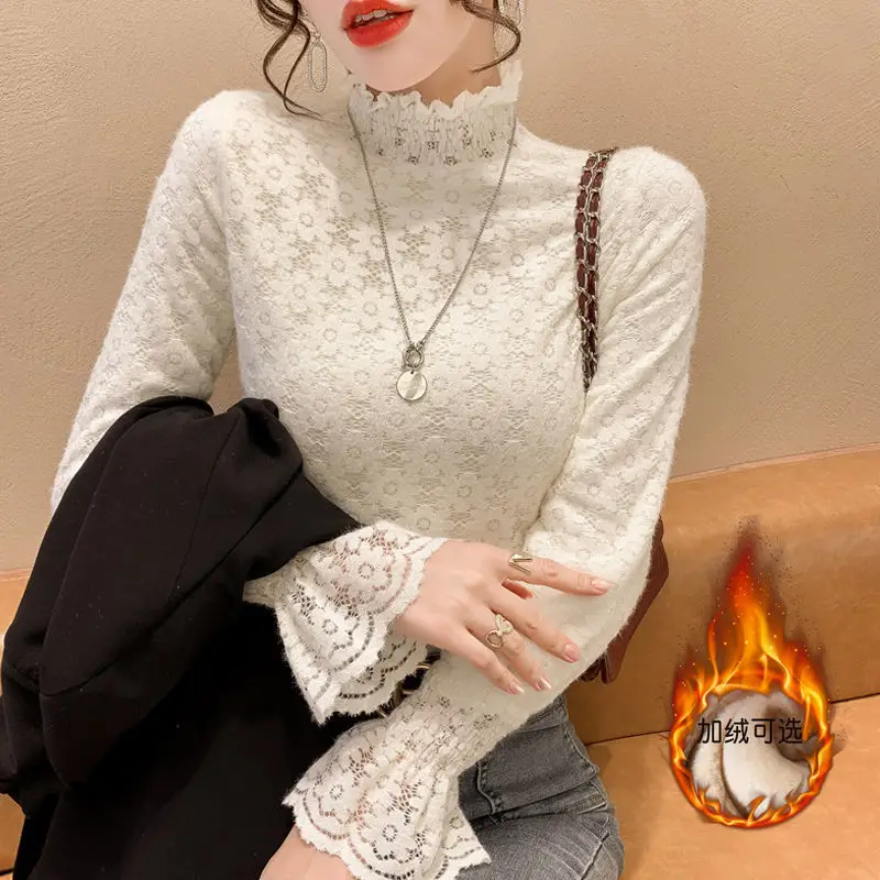 Women's White Lace Half-Turtleneck Velvet Shirt Winter - Image 4