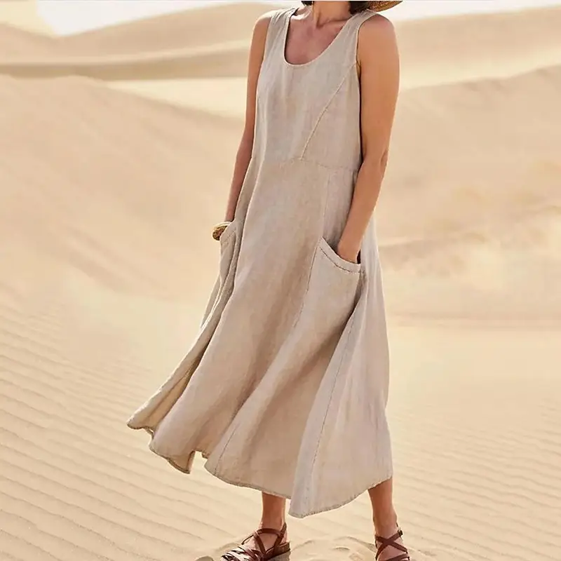 Midi Sleeveless Cotton Dress Plus Size Flap Pocket - Image 4