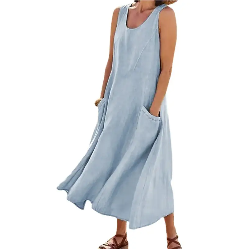 Midi Sleeveless Cotton Dress Plus Size Flap Pocket - Image 6
