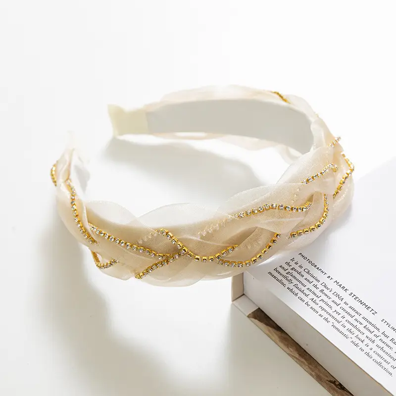 Summer Rhinestone Fairy Mesh Headband with Gold Beads - Image 2