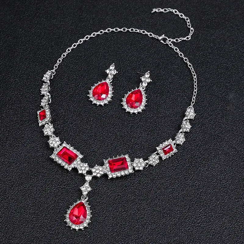 Red Gemstone Necklace & Earrings Set for Women