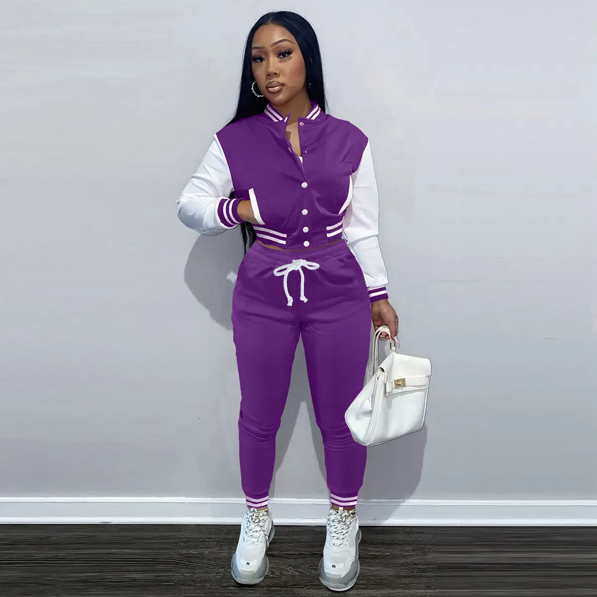 Purple 2-Piece Women's Baseball Jacket Suit with White Drawstring Waist
