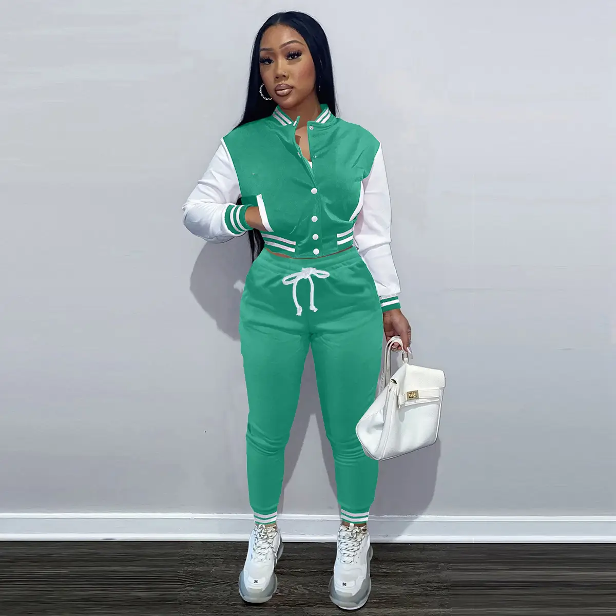 Purple 2-Piece Women's Baseball Jacket Suit with White Drawstring Waist