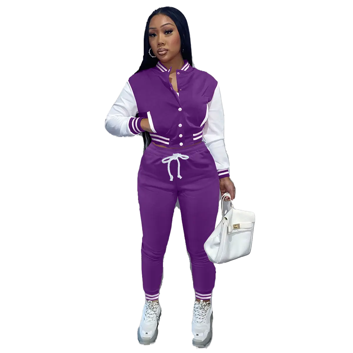 Purple 2-Piece Women's Baseball Jacket Suit with White Drawstring Waist — feature 12