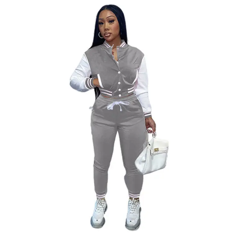 Purple 2-Piece Women's Baseball Jacket Suit with White Drawstring Waist