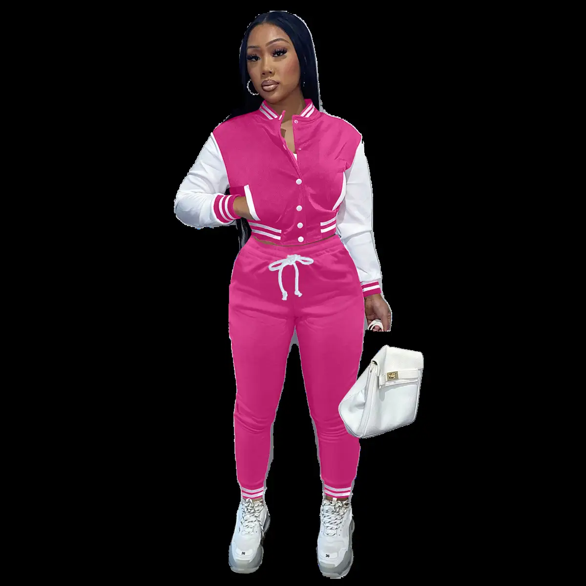 Purple 2-Piece Women's Baseball Jacket Suit with White Drawstring Waist