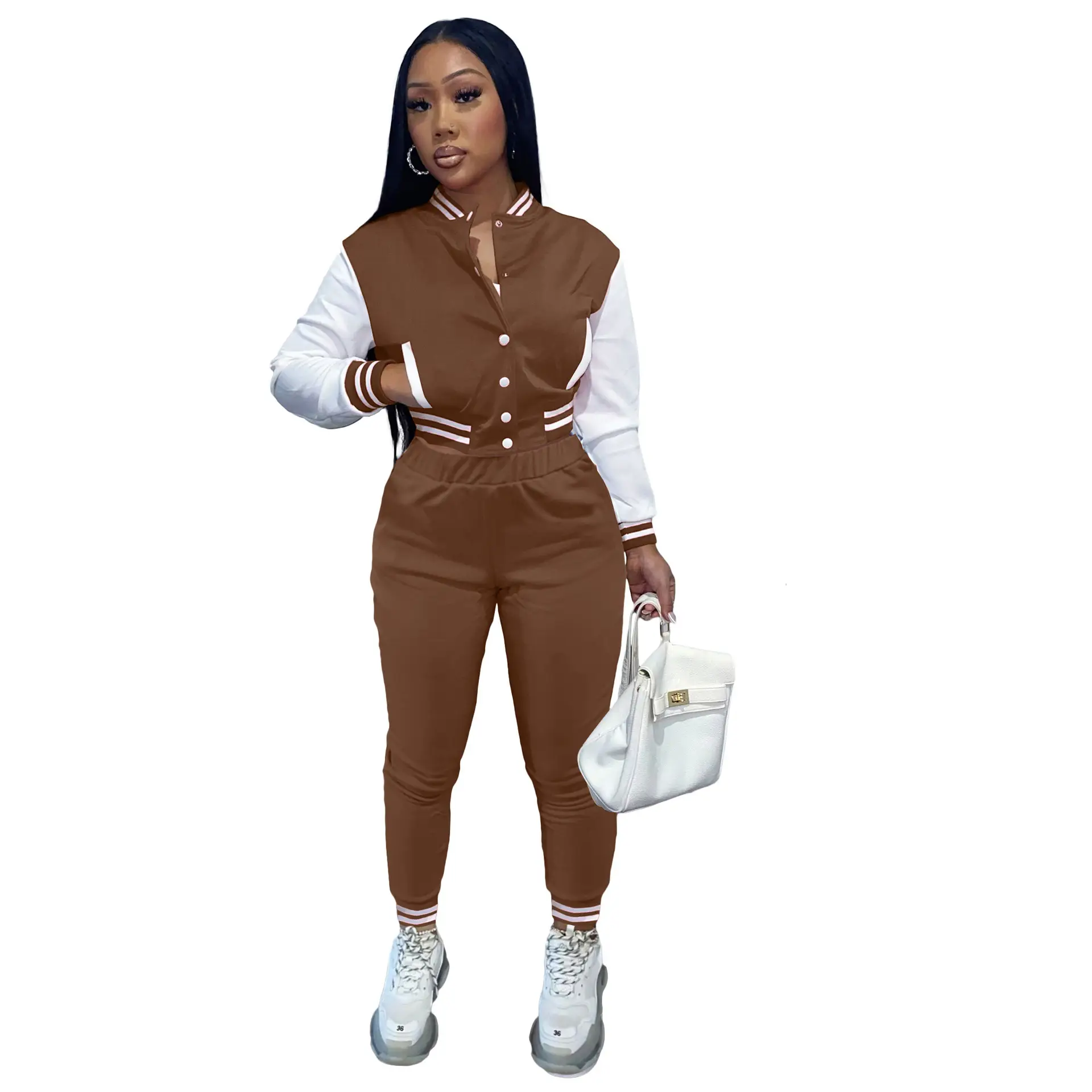 Purple 2-Piece Women's Baseball Jacket Suit with White Drawstring Waist