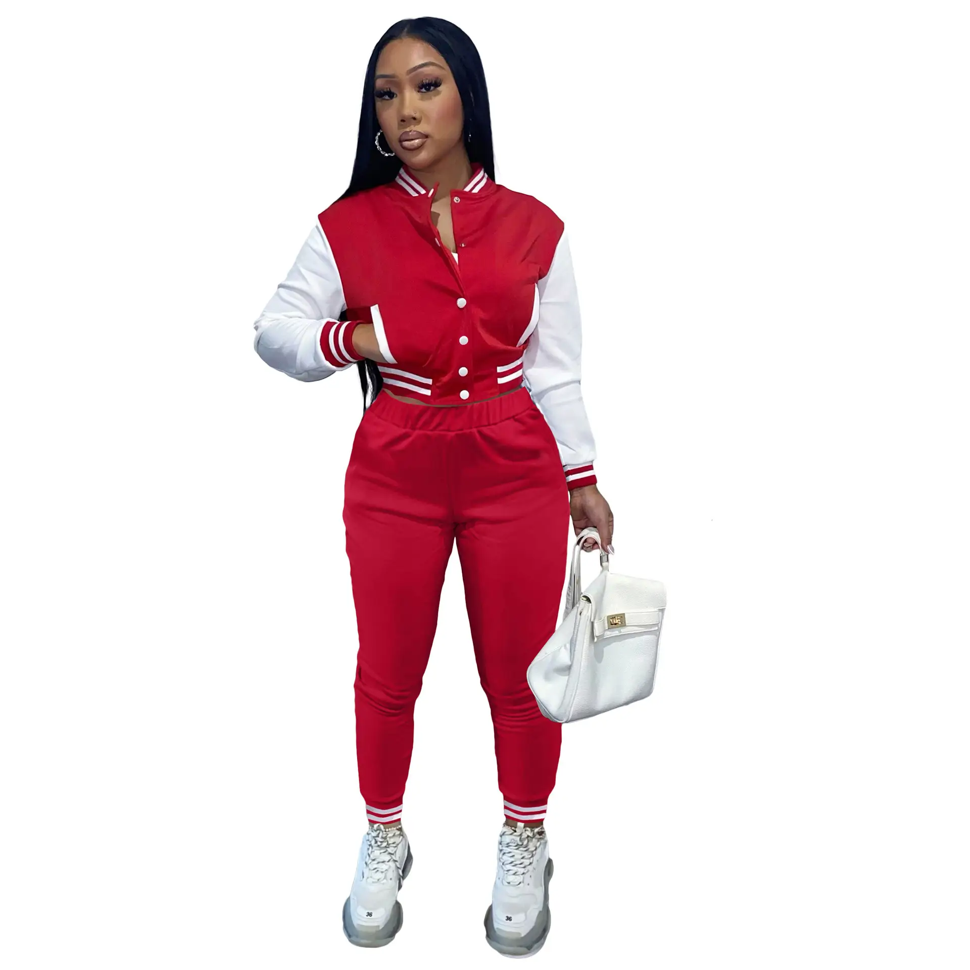Purple 2-Piece Women's Baseball Jacket Suit with White Drawstring Waist