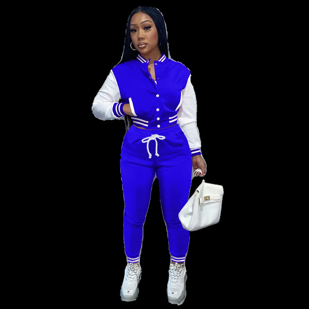 Purple 2-Piece Women's Baseball Jacket Suit with White Drawstring Waist