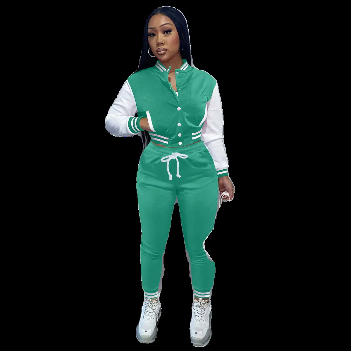 Purple 2-Piece Women's Baseball Jacket Suit with White Drawstring Waist