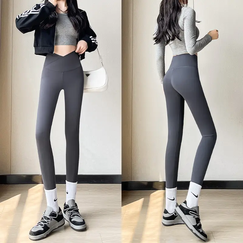 Women Cross Waist Black Polyester Leggings High Quality Slimming - Image 9