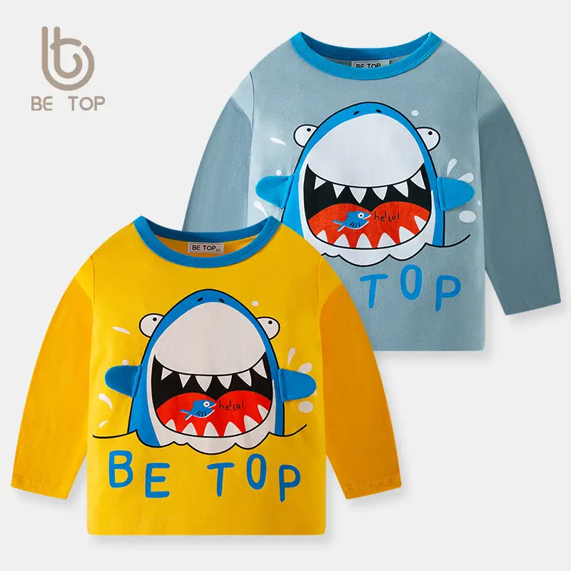 2026 Cartoon Shark Print Boys Long Sleeve T-Shirt Yellow - Image 3
