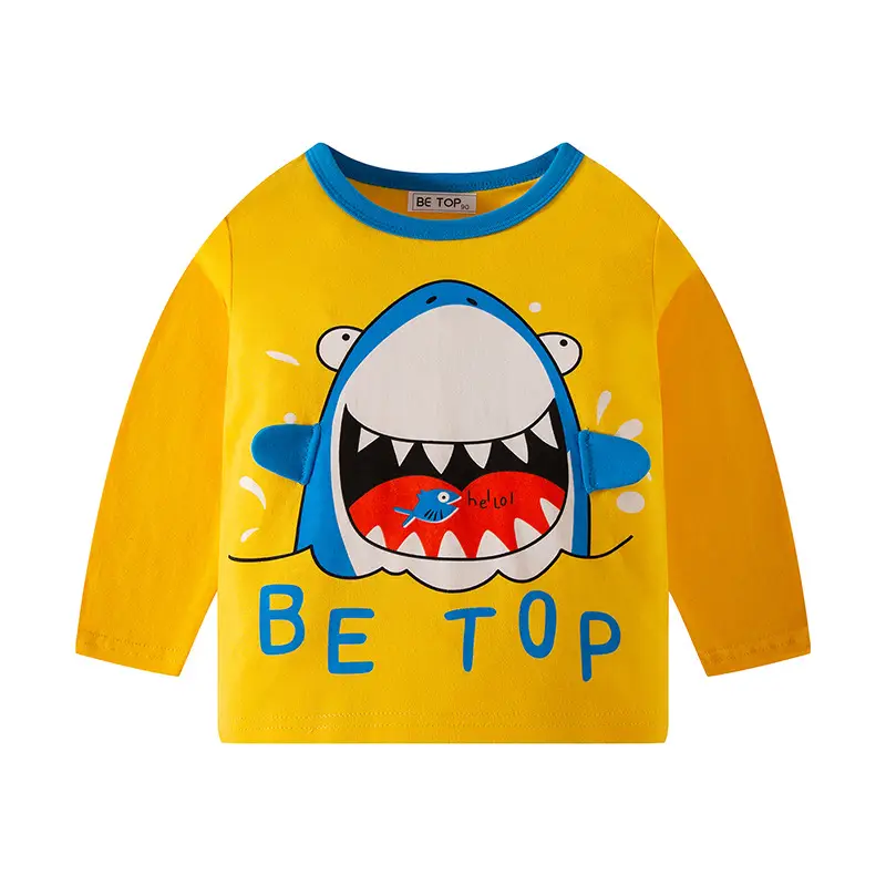 2026 Cartoon Shark Print Boys Long Sleeve T-Shirt Yellow - Image 2
