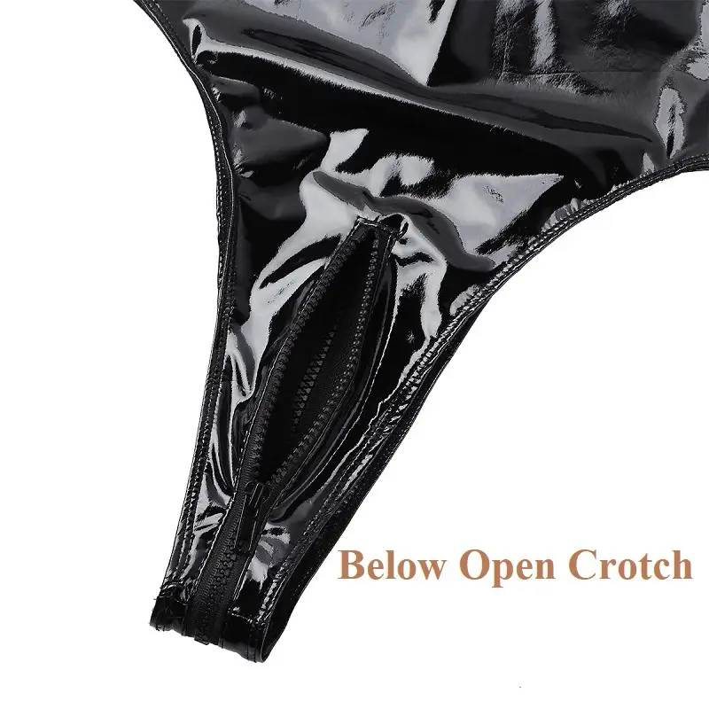 Women PVC Leather Sexy Zipper Open File Camisole Vest Black - Image 2
