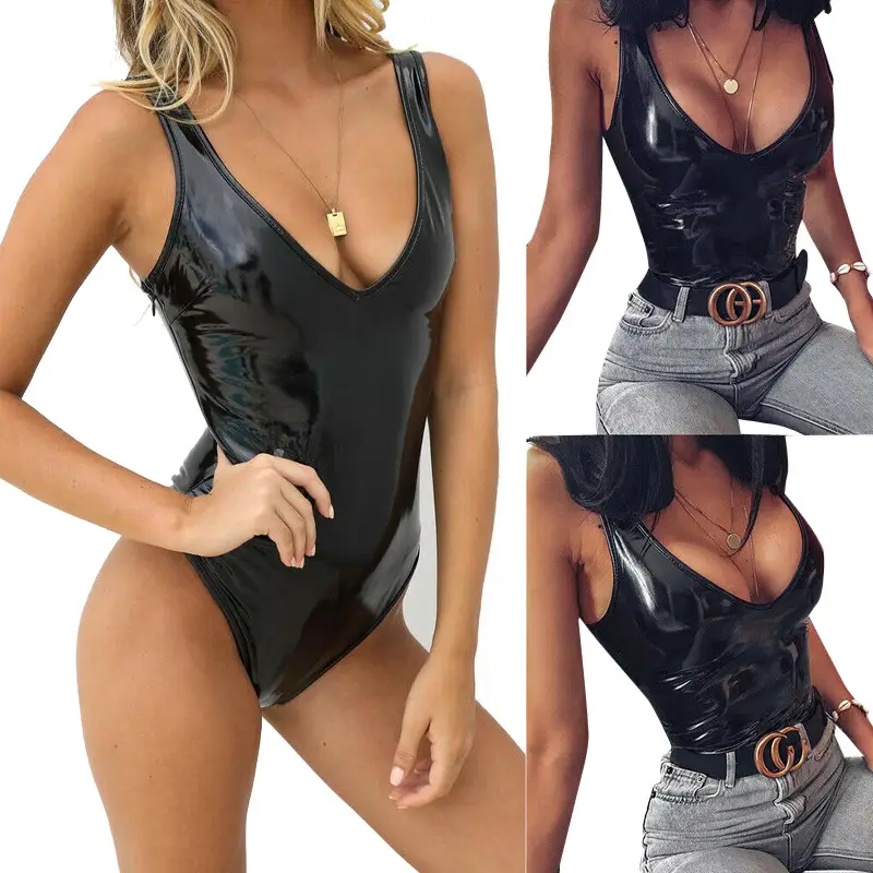 Women PVC Leather Sexy Zipper Open File Camisole Vest Black - Image 4